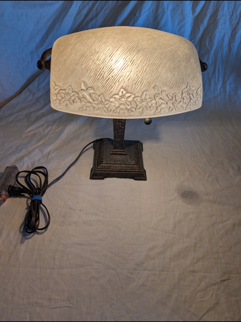 Vintage Cream Floral Embossed Glass banker Table Lamp with cast iron